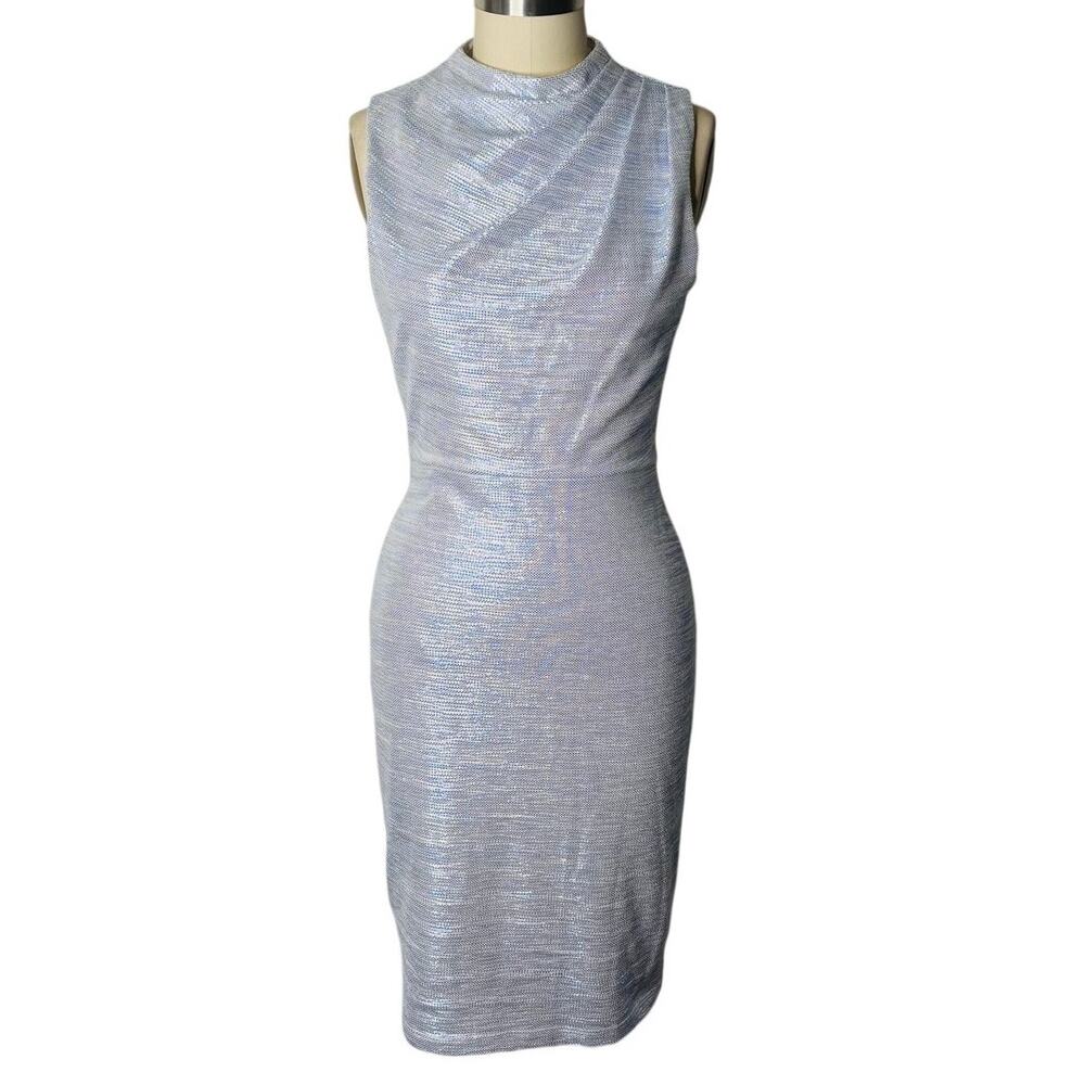 Black Halo Metallic Silver Blue Tweed Cowl Neck Sheath Pencil Dress Size 4